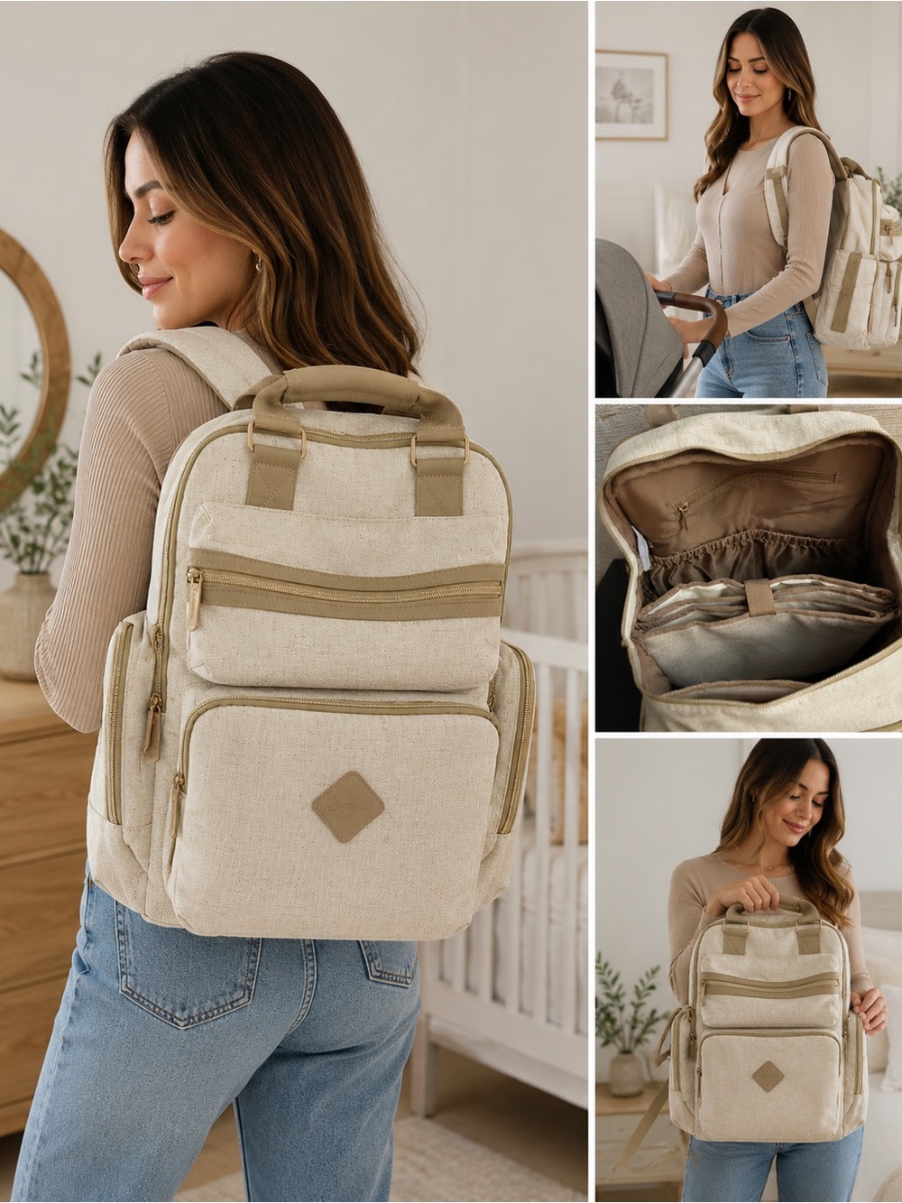 Ergobaby Beige Diaper Backpack Baby Bag, Multi Pocket Travel Bag